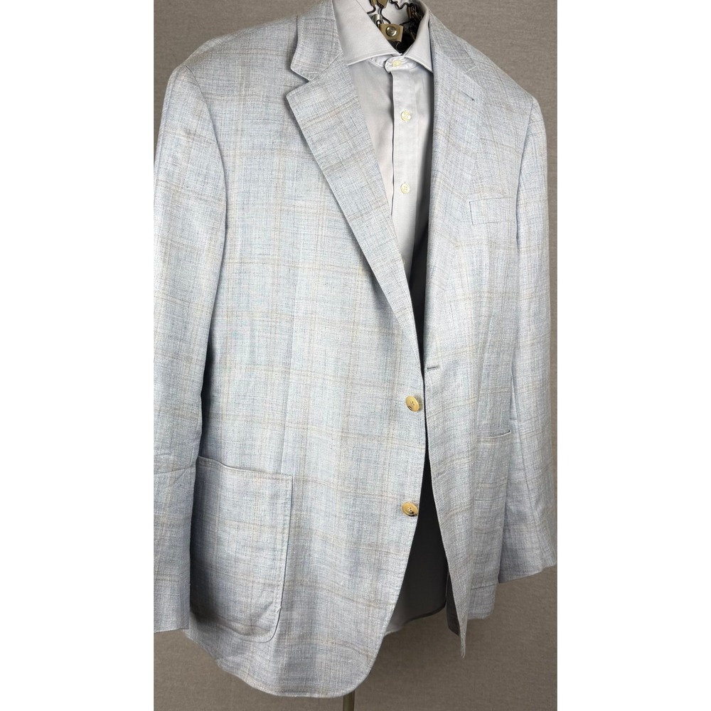 Canali Kei Blazer Mens 46R Blue Glen Plaid Wool Silk Linen Sport Coat Italy